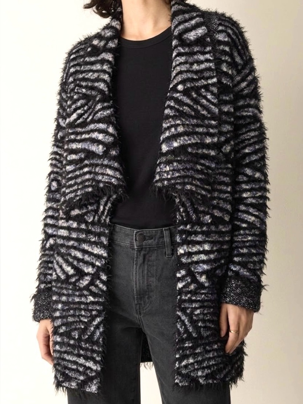 SIONI Eyelash Sweater Striped Cardigan Womens Size M Fuzzy Open Front Jacket